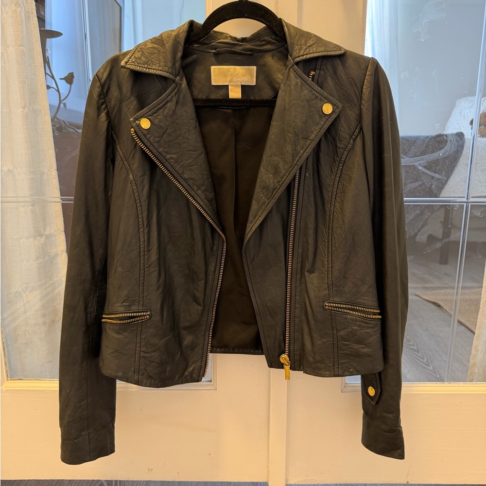 Michael Kors Black Leather Jacket with Gold Accents